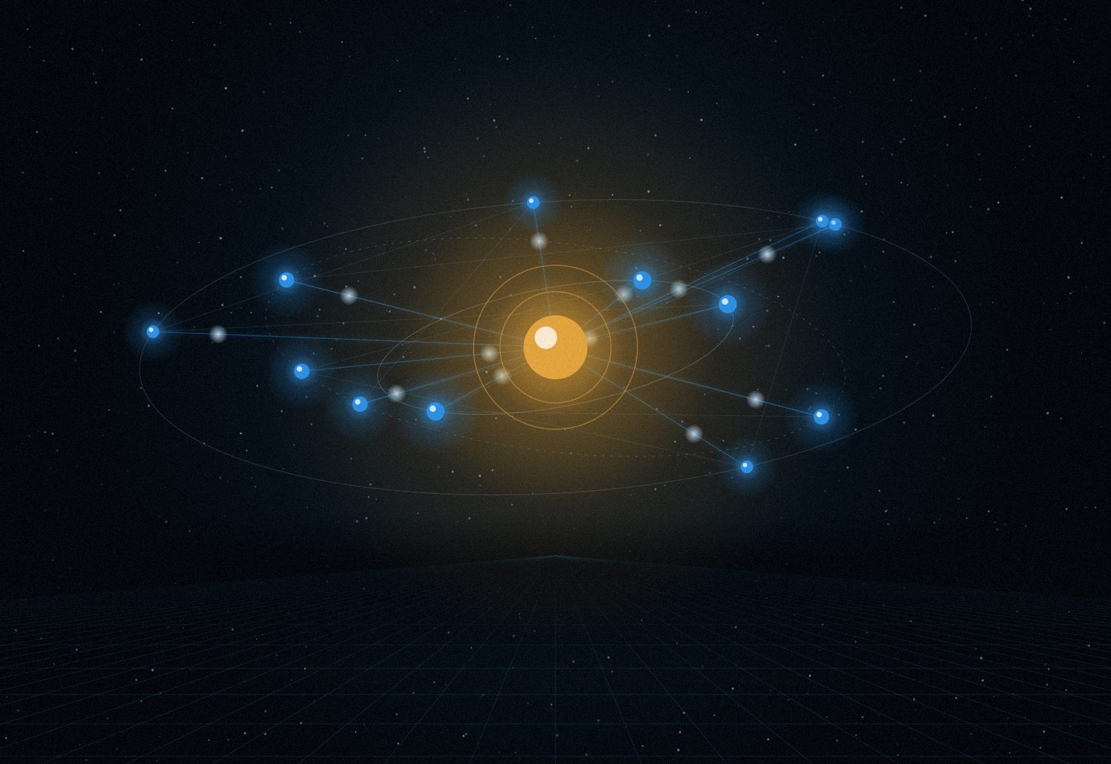 Illustration of AI agents orbiting and connecting to a glowing central core
