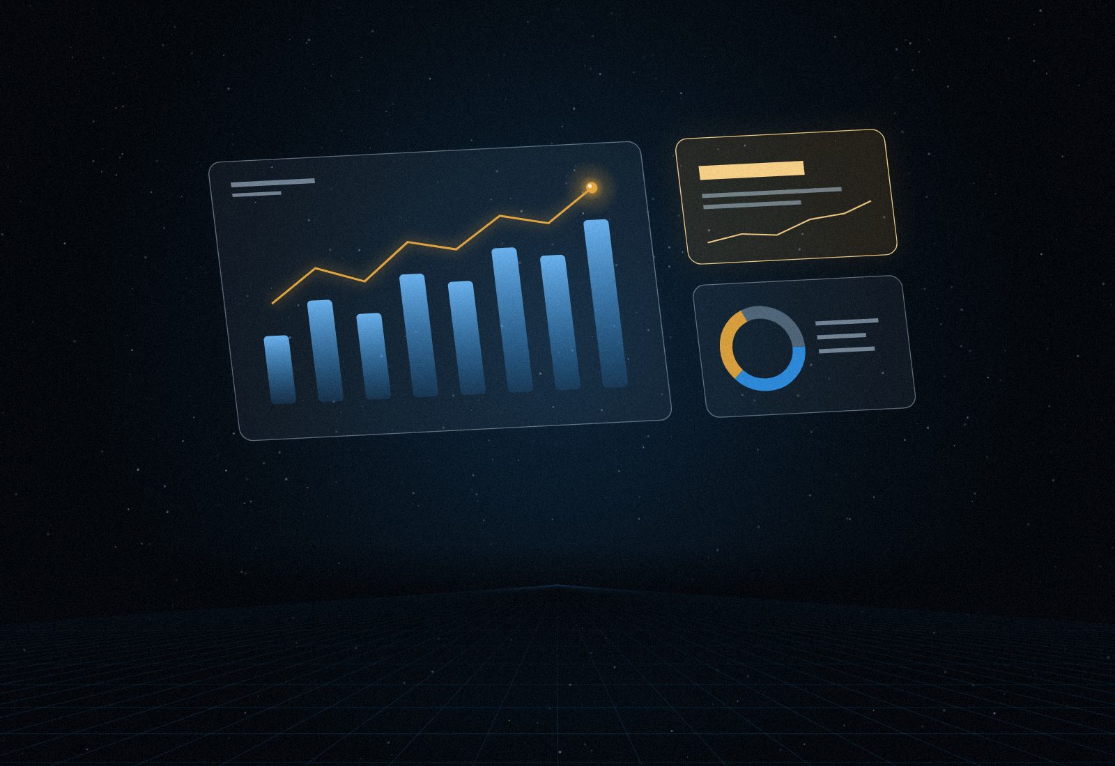 Illustration of floating dashboard panels with a rising chart